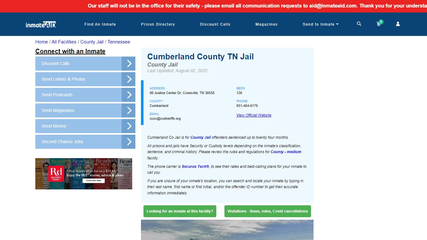 Cumberland County TN Jail - Inmate Locator - Crossville, TN